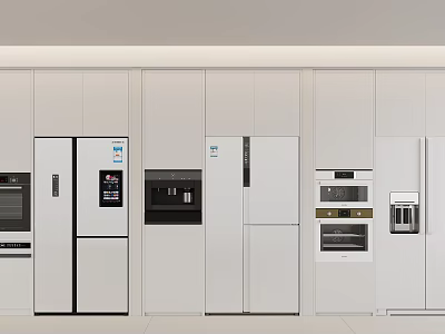 Modern Kitchen Interior With White Built in Refrigerators Freezers And Appliances 3d model