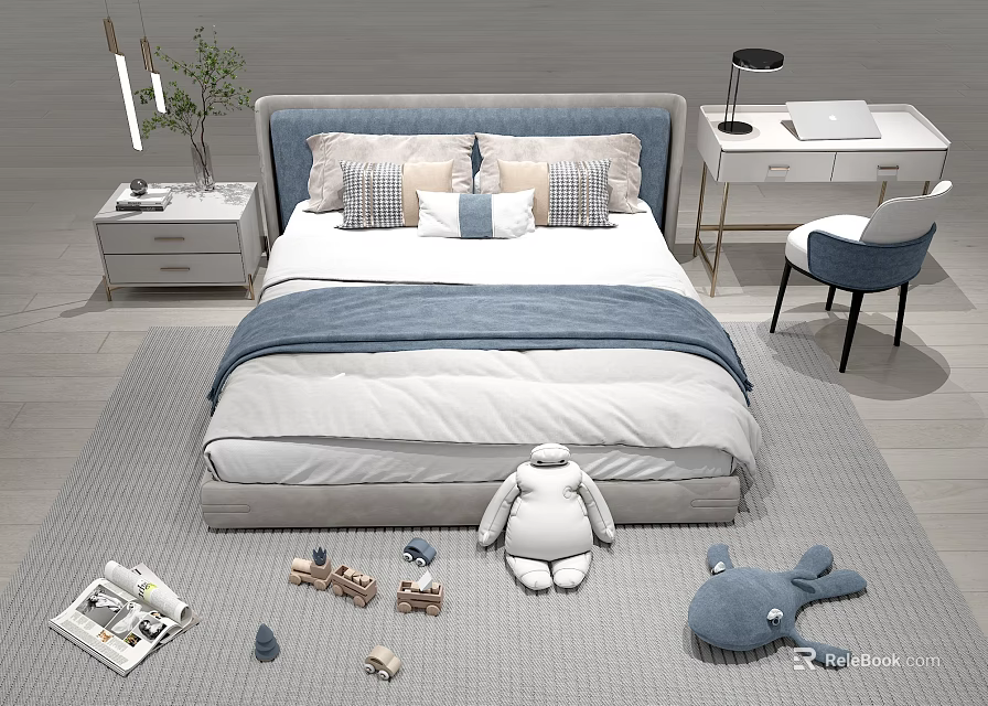 Cozy Children's Bed with Soft Pillows Bedding Nightstand Desk Chair and Stuffed Toys 3d model 