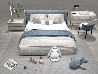 Cozy Children's Bed with Soft Pillows Bedding Nightstand Desk Chair and Stuffed Toys 3d model