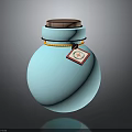 Blue Spherical Container with Brown Top Lid Yellow Rope and Red Tag 3d model