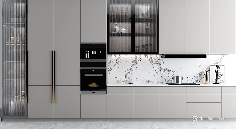 Elegant Modern Kitchen With Glass Door Cabinets Marble Backsplash And Built in Oven 3d model 