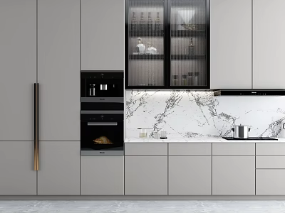 Elegant Modern Kitchen With Glass Door Cabinets Marble Backsplash And Built in Oven 3d model