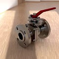 Stainless Steel Ball Valve With Red Handle And Flange Connection On Wooden Floor