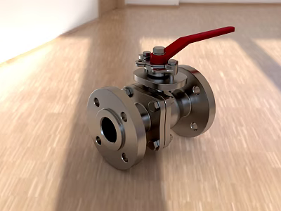 Stainless Steel Ball Valve With Red Handle And Flange Connection On Wooden Floor 3d model