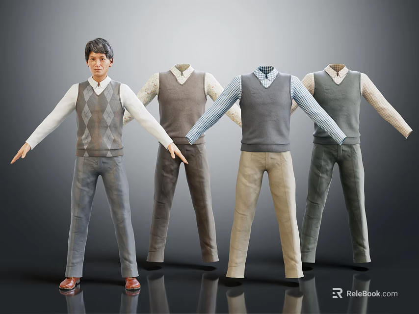 Man 3D Model With Four Different Outfits Vests And Various Color Pants 3d model 
