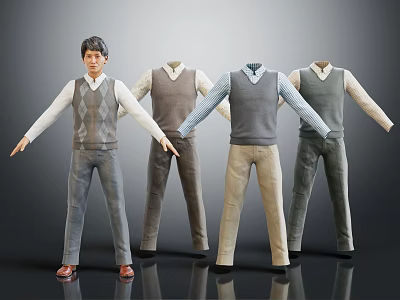 Man 3D Model With Four Different Outfits Vests And Various Color Pants 3d model
