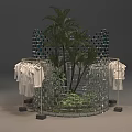 Window Display With Circular Glass Brick Wall Palm Trees Green Plants White Clothes On Racks