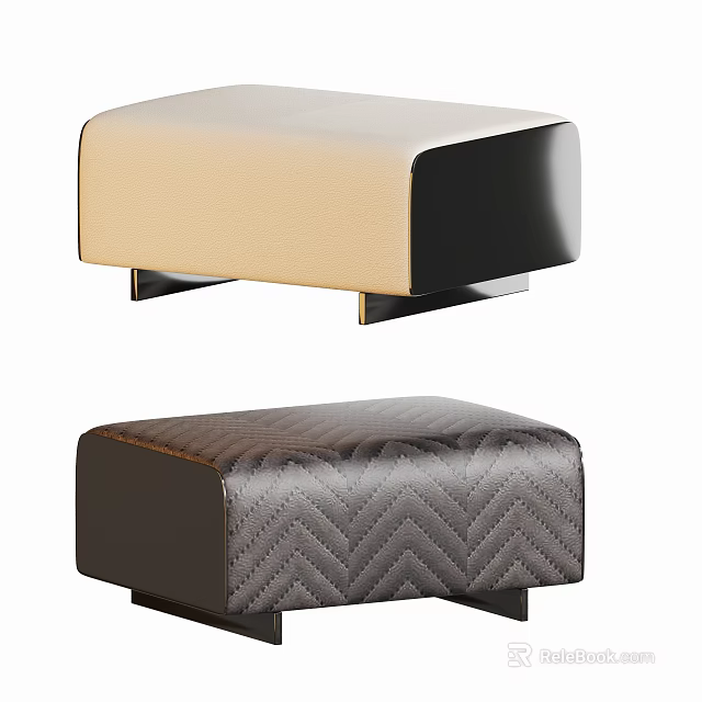 Beige Black And Dark Brown Leather Stools With Chevron Pattern Stitching And Sturdy Legs 3d model 