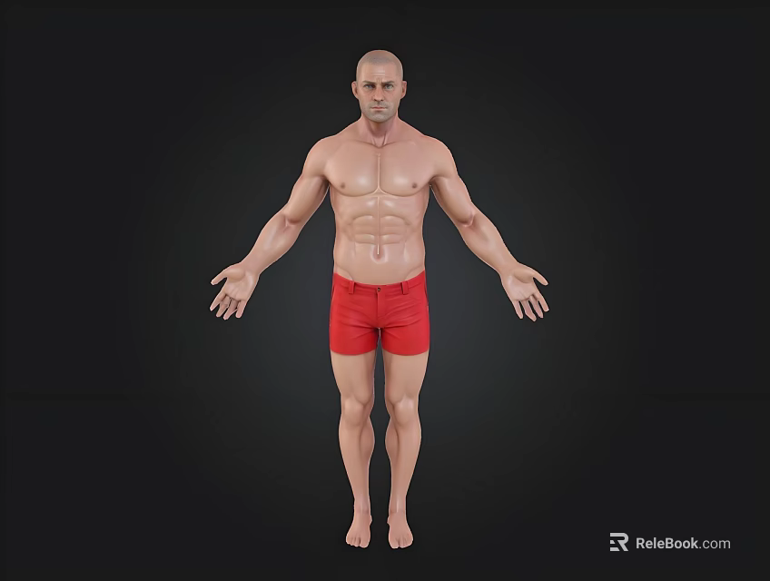 Muscular Shirtless Male in Red Shorts Standing with Arms Outstretched on Black Background 3d model 