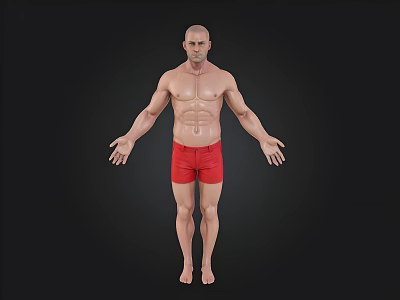 Muscular Shirtless Male in Red Shorts Standing with Arms Outstretched on Black Background 3d model