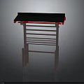 Modern Multi Tiered Shelf With Black Top Red Accents And Wooden Frame
