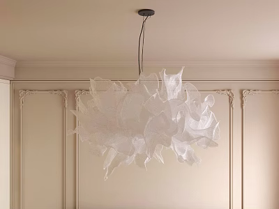 Artistic White Petal Shaped Chandelier Hanging in Light Colored Decorative Wall Room 3d model