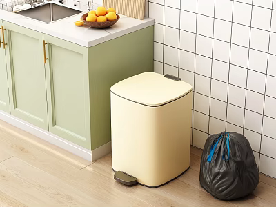 Kitchen Scene With Beige Pedal Trash Can And Black Garbage Bag 3d model