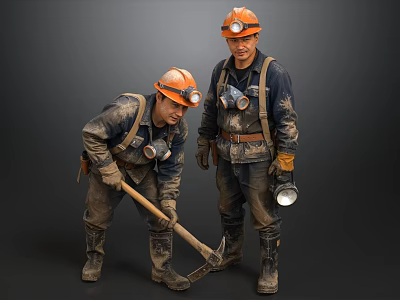 Two Miners Wearing Orange Hard Hats and Mud Covered Uniforms with Pickaxe and Miner's Lamp 3d model