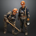 Two Miners Wearing Orange Hard Hats and Mud Covered Uniforms with Pickaxe and Miner's Lamp