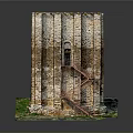 Ancient Stone Tower Structure Featuring Red Staircase And Grass Covered Base
