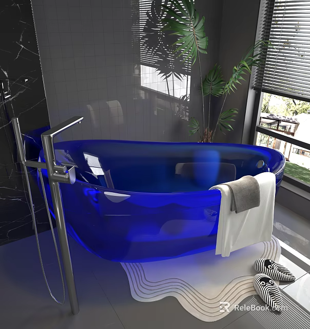 Blue Transparent Bathtub With Metal Stand Black Marble Wall Green Plant And White Gray Towels 3d model 