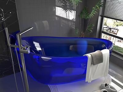 Blue Transparent Bathtub With Metal Stand Black Marble Wall Green Plant And White Gray Towels 3d model