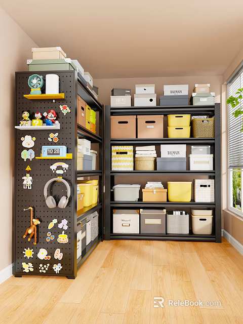 Storage Shelves With Organized Bins Decorative Wall Hooks Toys Headphones Clock And Stickers 3d model 