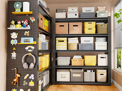 Storage Shelves With Organized Bins Decorative Wall Hooks Toys Headphones Clock And Stickers 3d model