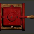 Red Vintage Kitchen Appliance With Wooden Base And Decorative Grinding Wheels