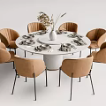 Round Dining Table Set With White Tabletop Six Beige Chairs Tableware And Vase Plants 3d model