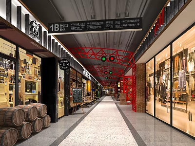 Shopping Mall Retail Storefronts With Glass Windows Red Metal Structures And Wooden Barrels 3d model