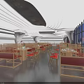 Modern Restaurant Interior With Unique Wave-like Ceiling Red Chairs Bar Counter And Windows