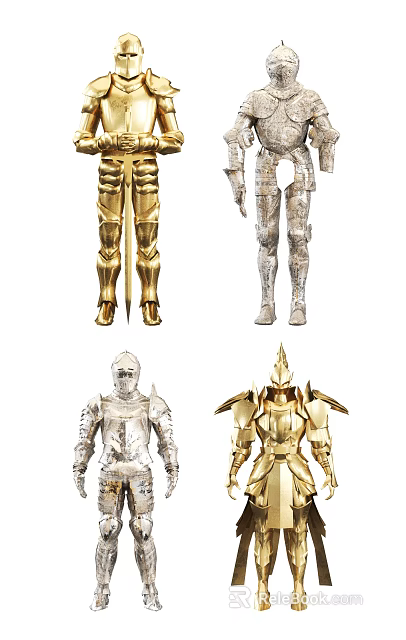 Various Styles of Medieval Knight Armor in Gold and Silver Colors 3d model 