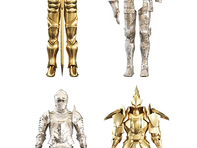 Various Styles of Medieval Knight Armor in Gold and Silver Colors 3d model
