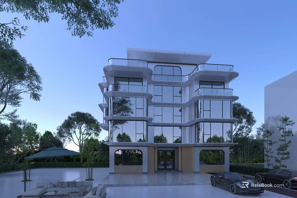 Modern Three Story Detached Villa With Glass Walls Surrounding Trees And Outdoor Parking Area 3d model 