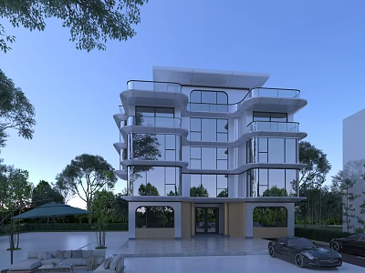 Modern Three Story Detached Villa With Glass Walls Surrounding Trees And Outdoor Parking Area 3d model