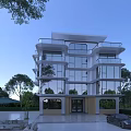 Modern Three Story Detached Villa With Glass Walls Surrounding Trees And Outdoor Parking Area