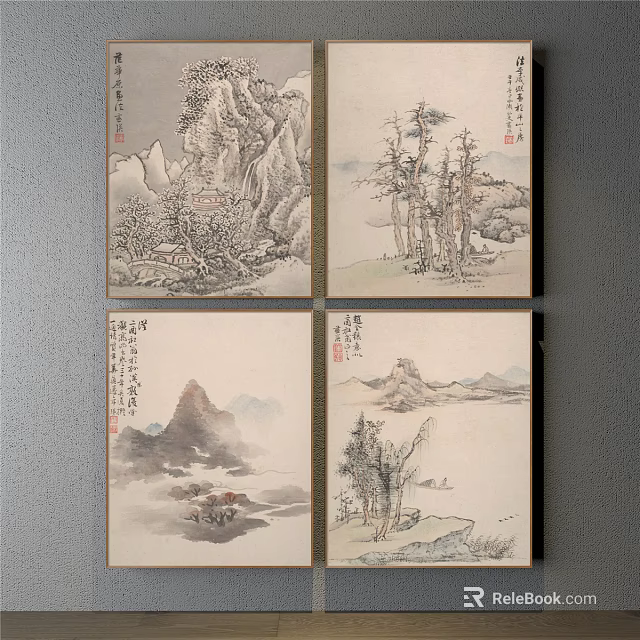 Set of Four Traditional Chinese Landscape Paintings Featuring Mountains Pine Trees and Calligraphy 3d model 