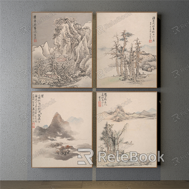 Chinese Landscape Painting Brown Commercial Space Water Landscape Decoration Painting model