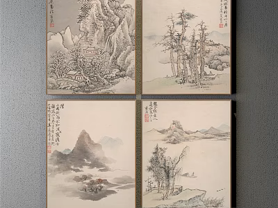 Set of Four Traditional Chinese Landscape Paintings Featuring Mountains Pine Trees and Calligraphy 3d model