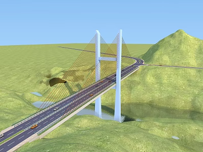 Modern Cable Stayed Bridge in Mountainous Green Landscape with Road and Vehicles Under Blue Sky 3d model