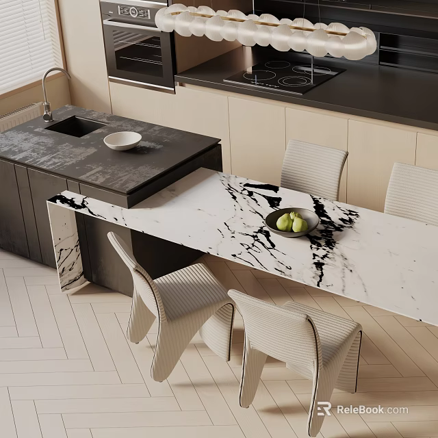Modern Dining Table Set With Marble Countertop And Chairs With Fruits In Kitchen 3d model 