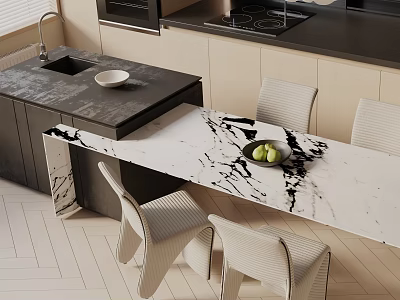 Modern Dining Table Set With Marble Countertop And Chairs With Fruits In Kitchen 3d model