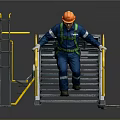 Metal Staircase With Yellow Handrails And Worker In Blue Work Uniform Orange Hard Hat