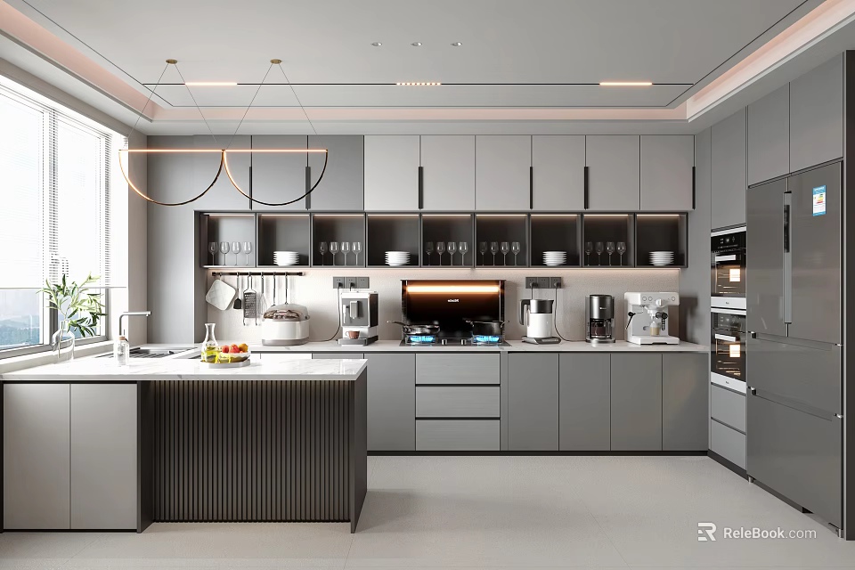 Modern Kitchen Interior With Gray Cabinets Island Counter Hanging Lights And Appliances 3d model 