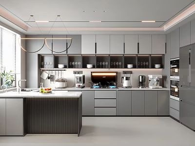 Modern Kitchen Interior With Gray Cabinets Island Counter Hanging Lights And Appliances 3d model