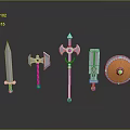 3D Rendered Fantasy Weapons Collection with Sword Axe Spear Shield and Metallic Blades