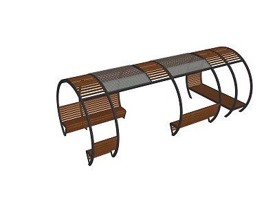 Wooden Slatted Pergola With Metal Frame And Seating For Outdoor Areas 3d model