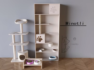 Multi Level Wooden Cat Tree with Scratching Posts Cat Paw Prints and Wall Hello Decal 3d model