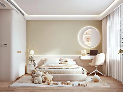 Modern Kids Room Interior Design With Bed Round Mirror Desk Chair And Stuffed Toys 3d model