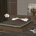 Beige Double Bed with Plush Pillows Curtains Abstract Painting and Potted Plant in Bedroom