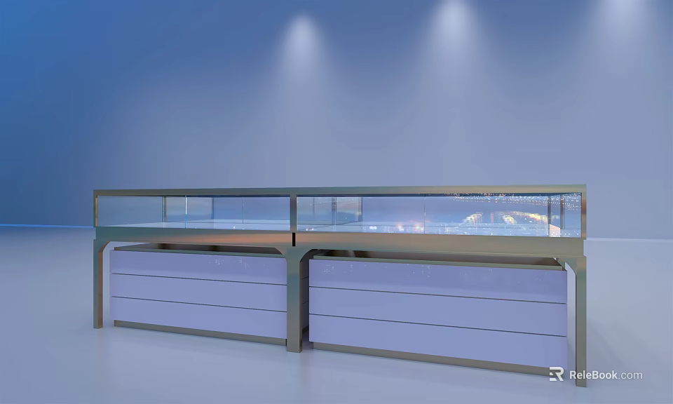 Modern Glass Display Cabinet With Metal Frame And Drawers Under Spotlight Lighting In Contemporary Setting 3d model 