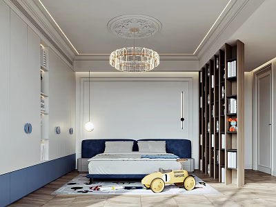 Kids Room With White Walls Blue Headboard Cabinets Crystal Chandelier Bookshelf And Toy Car Rug 3d model