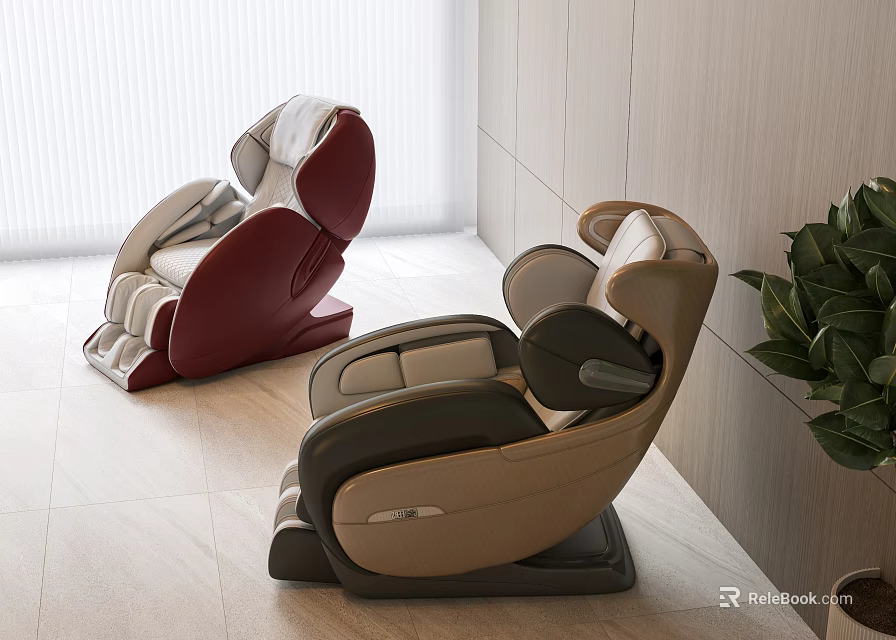 Modern Massage Chairs In Red And Beige Leather With Bright Lighting And Plant 3d model 